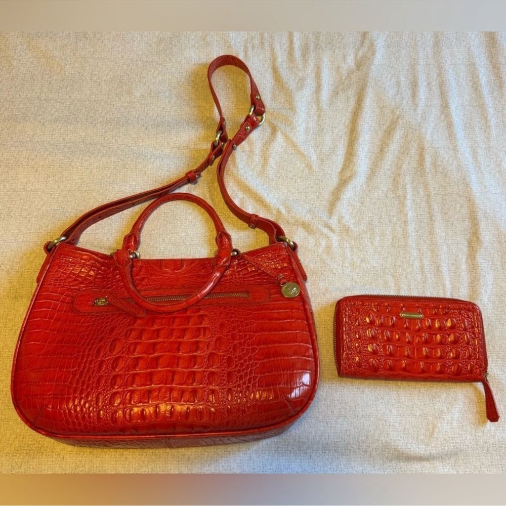 Brahmin Robyn Party Red Melbourne Satchel Handbag Alligator Wallet Suri Set